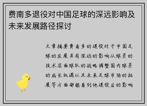 费南多退役对中国足球的深远影响及未来发展路径探讨