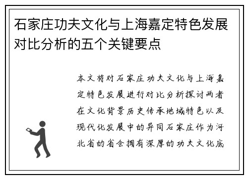 石家庄功夫文化与上海嘉定特色发展对比分析的五个关键要点
